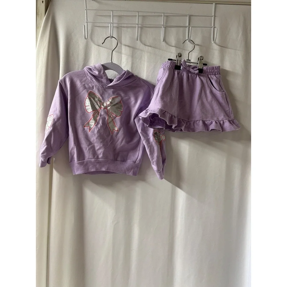 Kids Lavender Hoodie Sweatshirt & Skirt Set Bow Applique‎ Size 3T Girls